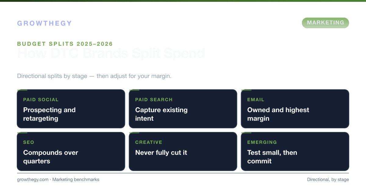 Infographic: common DTC marketing budget splits by channel — paid social, paid search, email, SEO, creative production and emerging channels