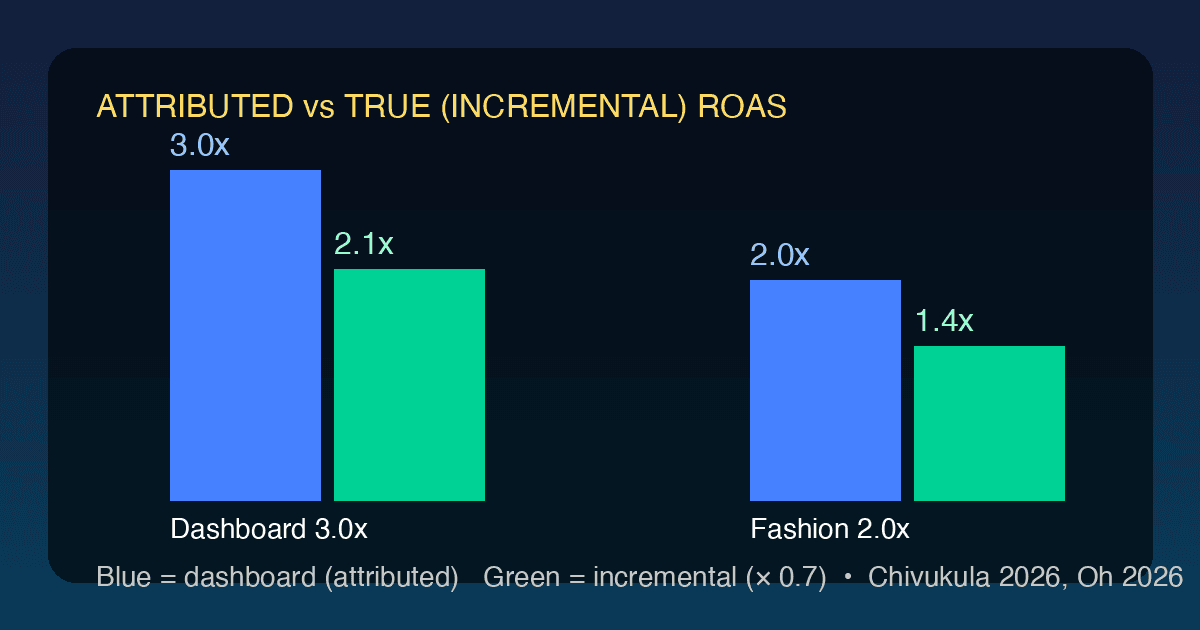 Bar chart: dashboard-attributed ROAS versus incremental true ROAS at the 0.7 factor