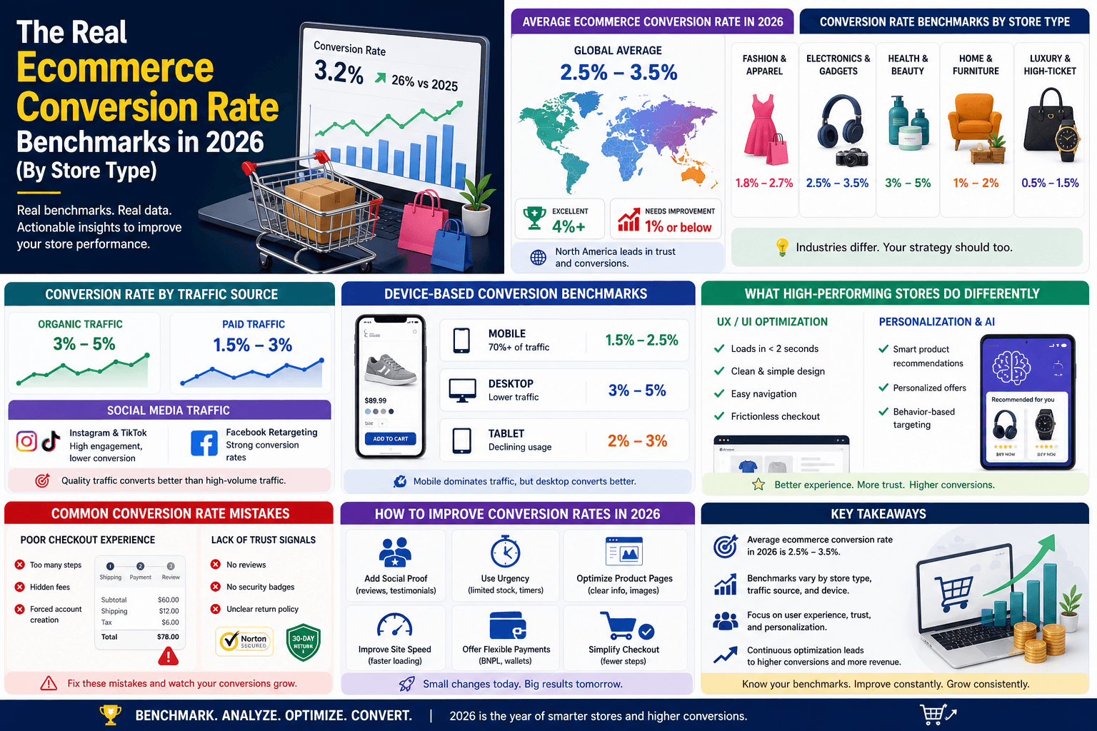 Infographic summarizing ecommerce conversion benchmarks in 2026 by category, traffic source, device, and tactical takeaways
