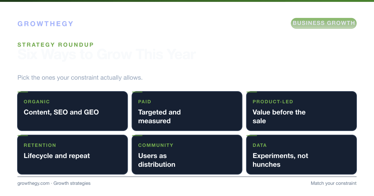 Infographic: six business growth strategies for 2025 — organic and GEO, measured paid, product-led growth, retention, community-led and data-driven