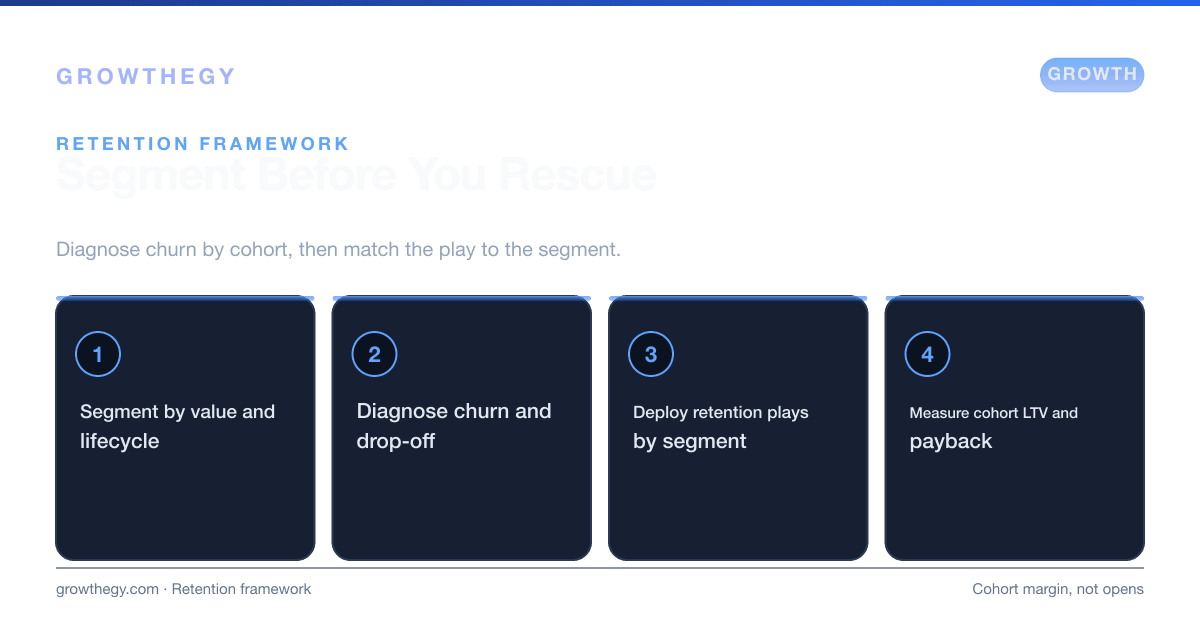 Infographic: four steps to a customer retention strategy — segment by value, diagnose churn, deploy plays per segment, then measure cohort LTV
