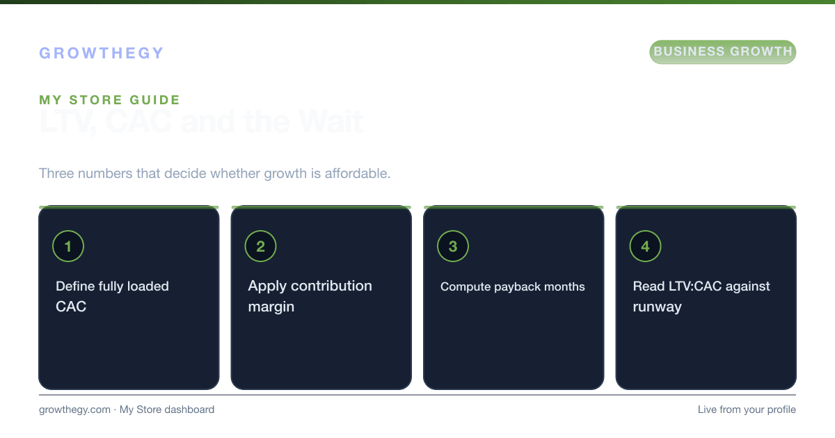 Infographic: My Store guide to LTV, CAC and payback — define acquisition cost, apply contribution margin, compute payback months, read the ratio against runway