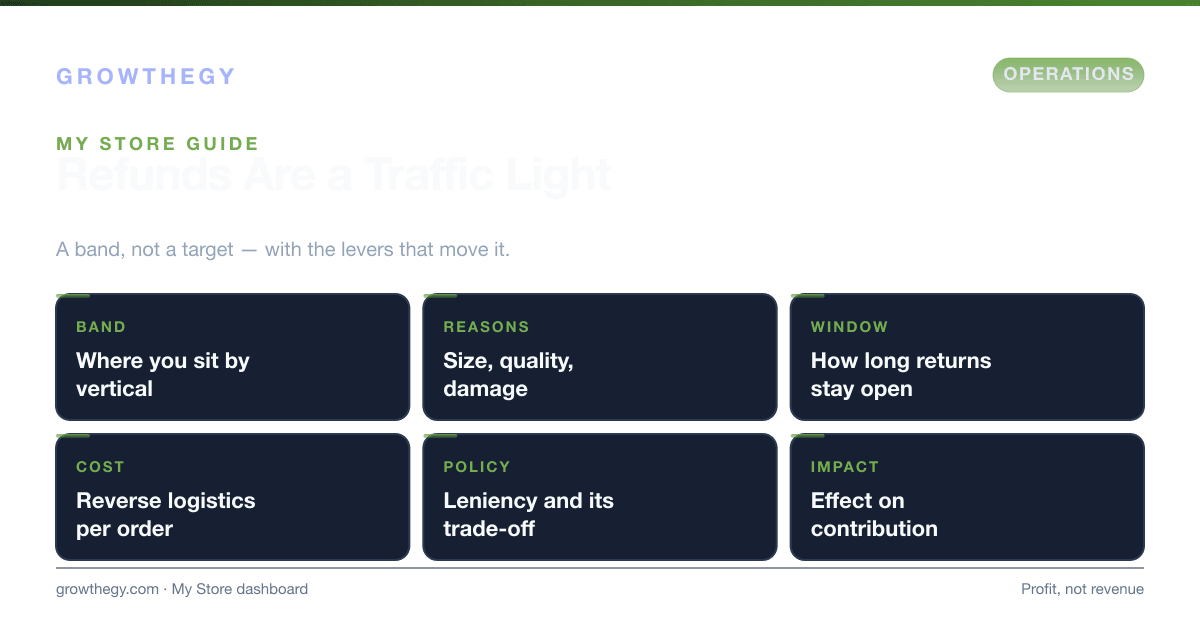 Infographic: ecommerce refund rate benchmark guide — traffic-light bands plus the levers that move refunds: policy window, sizing, product quality and damage