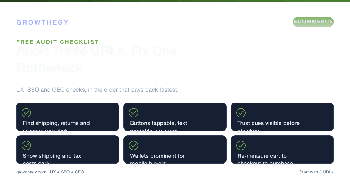 Infographic: free ecommerce website audit checklist — navigation clarity, mobile ergonomics, trust cues, surprise costs, unique titles and re-measurement