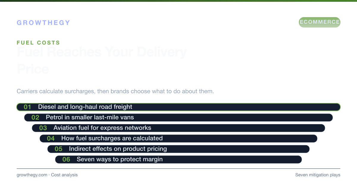 Infographic: how rising fuel costs raise ecommerce delivery prices — fuel types, surcharges, indirect effects, consumer impact and seven margin strategies