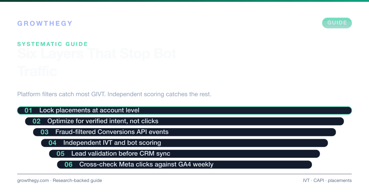 Infographic: six-layer Meta Ads bot defence — placement lock, intent bidding, fraud-filtered CAPI, IVT scoring, lead validation, analytics cross-check