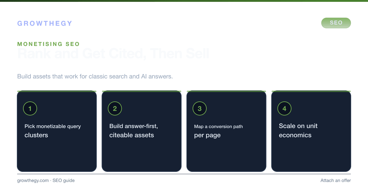 Infographic: four steps to make money from SEO in the AI era — pick monetizable clusters, build answer-first assets, map conversion paths, scale on economics