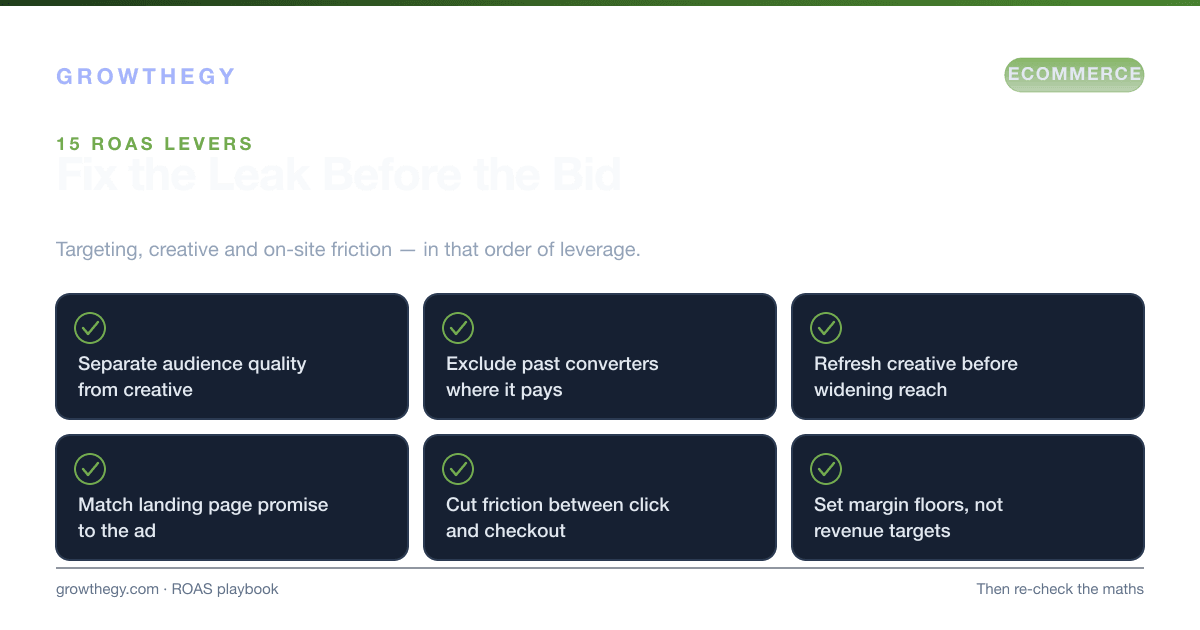 Infographic: fifteen levers to improve ROAS grouped into audience quality, creative, landing pages and offer — fix the leak before the bid