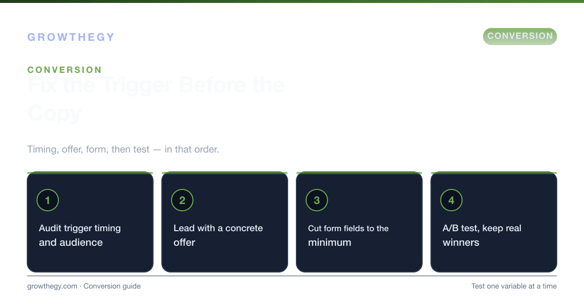 Infographic: four steps to improve pop-up conversion rate — audit trigger timing, strengthen the offer, simplify the form and CTA, then test