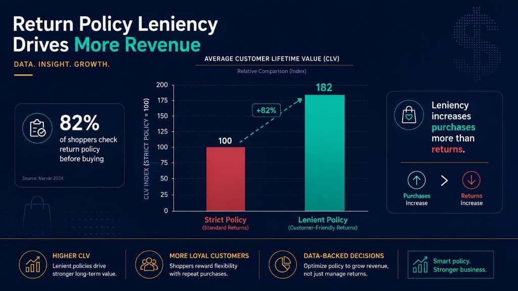 Infographic: 82% of shoppers check return policy before buying; lenient policies index CLV at 182 vs 100 for strict policies; purchases increase more than returns