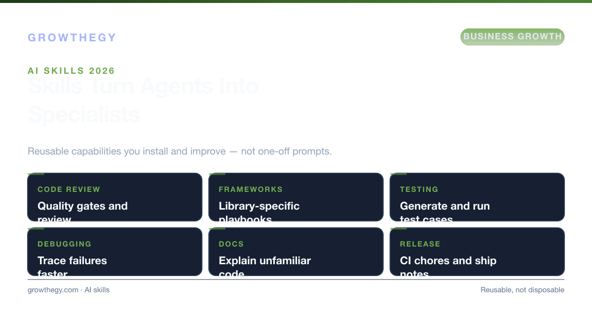 Infographic: AI platform skill categories for developers in 2026 — code review, framework playbooks, testing, debugging, documentation and release skills